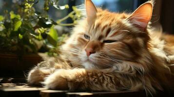 gerado por IA uma lindo fofo vermelho gato mentiras em repouso, dormindo, apertando os olhos dentro a sol, aquecimento acima foto