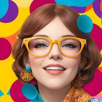 mulher com óculos dentro frente do uma colorida fundo ai generativo foto