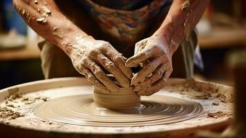 mãos trabalhando com argila em de oleiro roda, artesanato, tradicional construir fazendo.ai generativo. foto