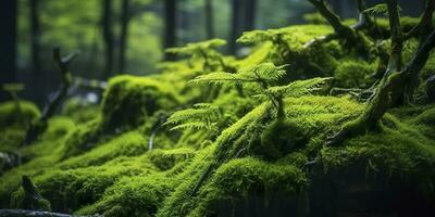 verde musgo fechar-se, com uma pano de fundo do bosque. floresta dentro a nacional parque. ai gerado foto