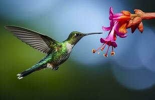 beija Flor pássaro vôo Próximo para uma lindo vermelho flor com chuva. ai gerado foto