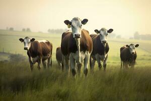 grupo do vacas em pé dentro uma gramíneo campo. ai gerado foto