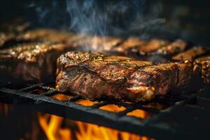 carne grelhar em uma carvão grade com fumaça ascendente. ai gerado foto