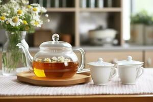 de madeira bandeja com bule de chá, copos do natural camomila chá e flores em mesa. generativo ai foto