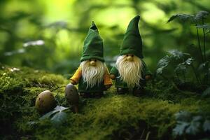 brinquedo irlandês gnomos dentro uma mistério floresta, abstrato verde natural fundo. generativo ai foto