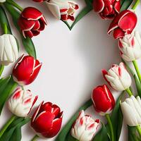 ai gerado a quadro, Armação é uma amor forma do vermelho e branco tulipas em uma branco fundo com uma Lugar, colocar para texto foto