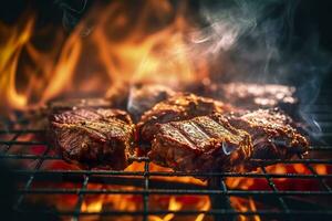 carne grelhar em uma carvão grade com fumaça ascendente. ai gerado foto