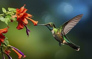 beija Flor pássaro vôo Próximo para uma lindo vermelho flor com chuva. ai gerado foto