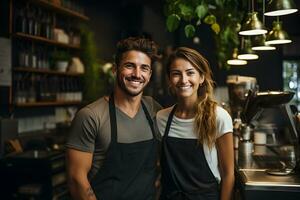 retrato do feliz, sorridente baristas casal vestindo avental dentro café fazer compras. generativo ai, ilustração foto