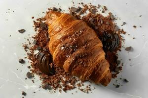 croissant dentro chocolate salgadinhos em uma mármore superfície. caseiro bolos. promocional comercial foto. ai generativo foto