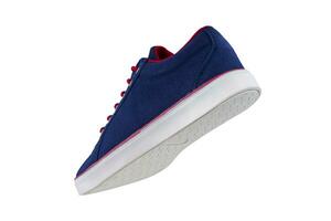 tênis. Esportes sapatos lado Visão em uma branco background.blue sapato com branco único e vermelho atacadores foto
