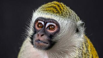 Alto detalhe, médio retrato foto, a vervet macaco em Preto fundo. Alto qualidade foto