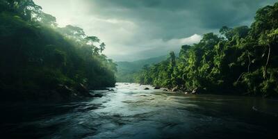 generativo ai, verde lindo amazonense selva panorama com árvores e rio, zangão Visão foto