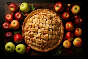 maçã torta em uma Sombrio de madeira mesa com maçãs, topo visualizar. caseiro bolos com maçãs ai generativo foto
