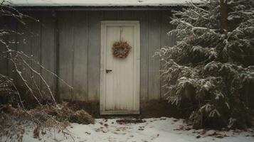 generativo ai, casa frente dentro a inverno com Natal decoração, guirlanda e festão. neve acolhedor estação foto