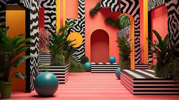 generativo ai, Memphis pós-moderno estilo interior com muitos plantas, vibrante cores quarto foto