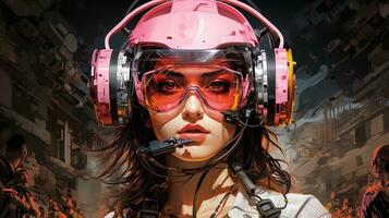 generativo ai, pessoa dentro copos, cyberpunk animê estilo. luz amarelo e Rosa cores, virtual realidade conceito foto