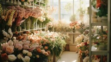 generativo ai, rua floral fazer compras com colorida flores, estético silenciado cores foto