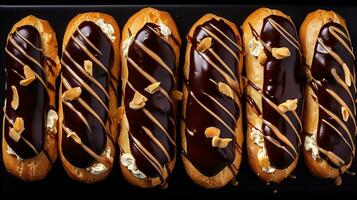 generativo ai, sortimento do éclairs, topo visualizar, doce Comida. tradicional francês sobremesa foto