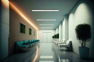 hospital ou clínica corredor esperando área interior, minimalista e limpar. generativo ai foto