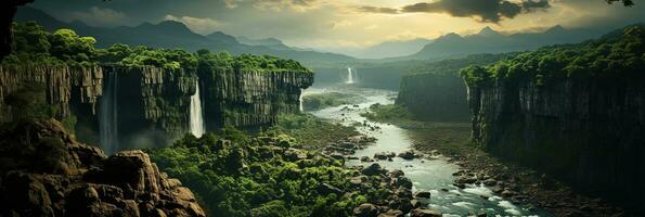 generativo ai, lindo verde Amazonas floresta paisagem, floresta tropical selva com cachoeiras foto