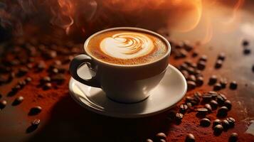 generativo ai, quente cappuccino com café com leite arte em de madeira mesa com café feijões foto
