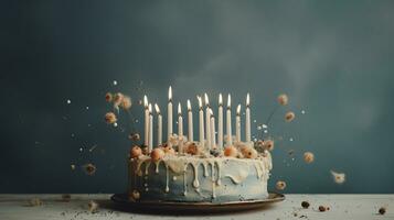 generativo ai, aniversário lindo bolo com flores e velas, estético silenciado cores foto
