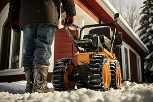 usando snowblower para Claro neve em passarela perto casa. generativo ai foto