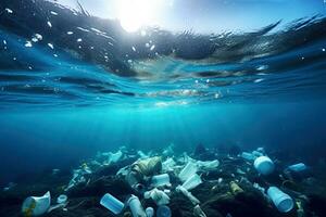 plástico desperdício, lixo e lixo poluir embaixo da agua oceano, generativo ai foto