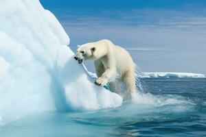 pinguim grupo em Derretendo iceberg, global aquecimento. generativo ai foto