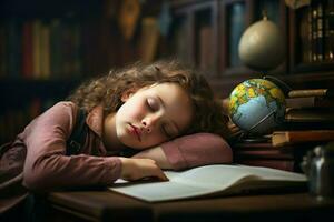 dormindo pequeno fofa menina cansado do fazendo dever de casa tarefa. gerar ai foto
