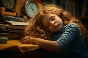 dormindo pequeno menina cansado do fazendo dever de casa dormindo. gerar ai foto