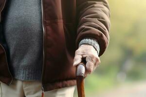 Senior homem com caminhando bengala. gerar ai foto