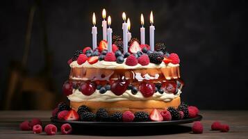 generativo ai, aniversário lindo bolo com fruta e velas, bandeira para Parabéns foto