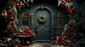 generativo ai, frente porta com Natal decoração, guirlanda e festão. vermelho e cinzento cores foto