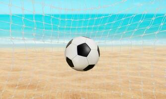 de praia panorama com futebol bola, verão estação e água e azul céu fundo. foto