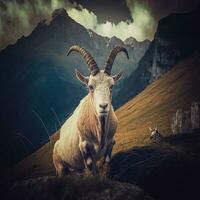 alpino majestade ai gerado imagem do íbex com montanha fundo foto