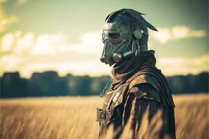 retrofuturístico cyborg wwi soldado em a campo de batalha generativo ai foto