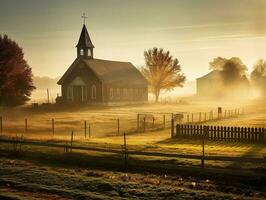 uma lindo amish Igreja dentro a americano campo em uma enevoado manhã, generativo ai foto