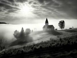 uma pequeno Igreja dentro a campo em uma nebuloso manhã com lindo luz solar dentro frente, Preto e branco foto generativo ai