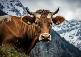ai gerado panorama majestoso vaca pastar dentro a alpes montanhas foto