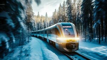 futurista trem viagem através congeladas floresta generativo ai foto