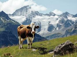 ai gerado panorama majestoso vaca pastar dentro a alpes montanhas foto