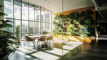 vibrante interior trabalhos quarto do verde escritório construção encharcado dentro luz do dia generativo ai foto