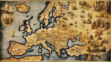 medieval mapa do Europa em velho pergaminho generativo ai arte foto