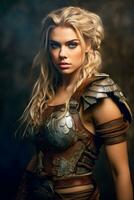 Guerreiro donzela uma lindo jovem fêmea gladiador viking com loiro cabelo e azul olhos generativo ai foto