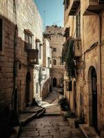 a esvaziar beco dentro a velho cidade do Jerusalém generativo ai foto