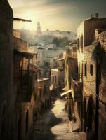 a esvaziar beco dentro a velho cidade do Jerusalém generativo ai foto