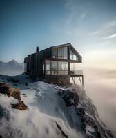 topo da montanha luxo generativo ai cria uma deslumbrante coberto de neve cume casa foto