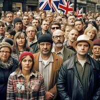 uma impressionante imagem apresentando britânico pessoas orgulhosamente exibindo a União jack bandeira, criada através generativo ai. foto